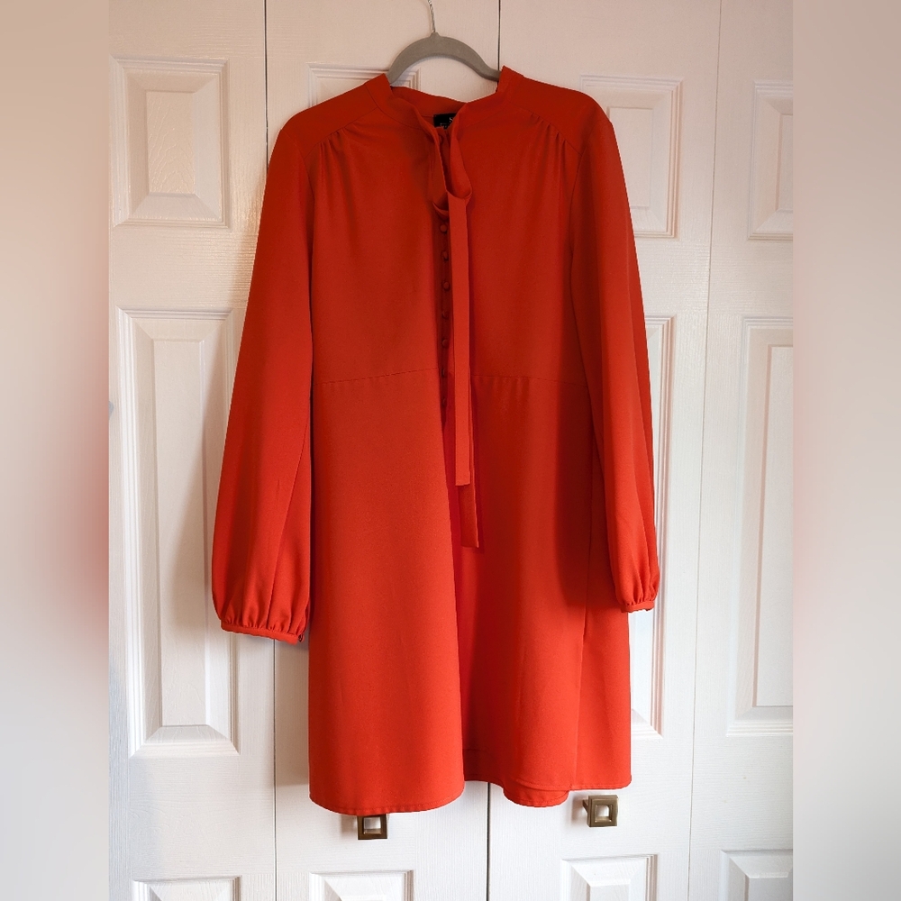 Chic Orange Midi Dress with Tie Neck